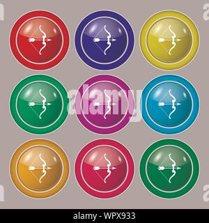 Pfeil und Bogen-Symbol-Zeichen. Symbol auf neun Runden bunten Knöpfen. Vektor Stock Vektor