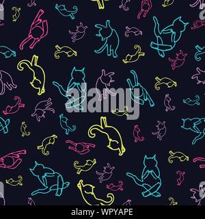 Süße Hand gezeichnet bunte Katze Silhouetten auf einem blauen Hintergrund. Stock Vektor