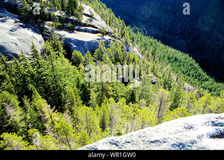Granitfelsen und Nadelwald Ansichten aus Stawamus Chief Mountain Wanderwege, British Columbia, Kanada Stockfoto