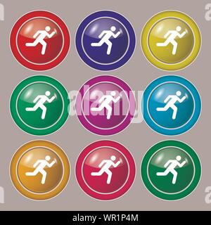 läuft Man Symbol Zeichen. Symbol auf neun Runden bunten Knöpfen. Vektor Stock Vektor