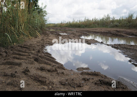 Herbst Landschaft Straße. Erde Hintergrund. Große Pfützen auf der Straße. Stockfoto