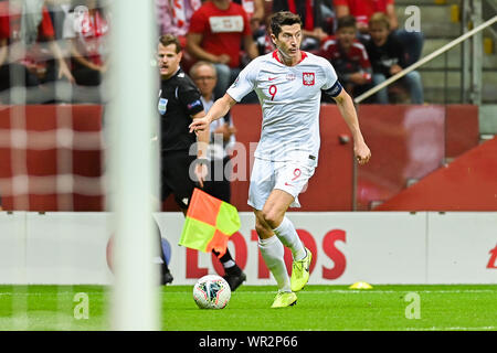 Warschau, Polen. 09 Sep, 2019. Robert Lewandowski aus Polen in Aktion während der Euro 2020 Qualifiers (Gruppe G) Übereinstimmung zwischen Polen und Österreich (Endstand; Polen 0:0 Österreich) Credit: SOPA Images Limited/Alamy Live Nachrichten gesehen Stockfoto