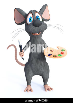 3D-Rendering von einem netten Lächeln Cartoon-maus stehen und hält drei Bürsten in der einen Hand und ein Künstler Palette in den anderen, zur Bereitschaft zu malen wie ein Stockfoto