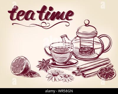 Tee Tasse Kaffee und Teekanne auf vintage Hintergrund Hand isoliert erstellt Vector Illustration realistische Skizze. Stock Vektor