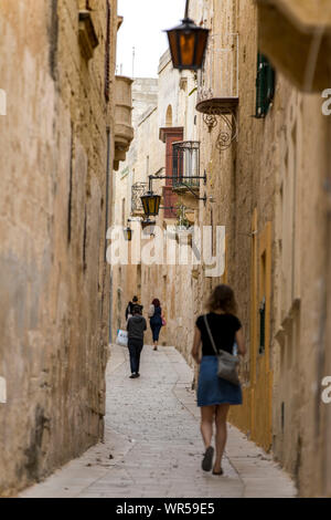 Die alte Hauptstadt der Malte, Mdina, auf einer Hochebene im Zentrum der Insel, engen Gassen, Stockfoto