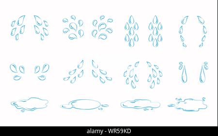 Konturierte cartoon Tropfen und Pfützen eingestellt. Trauer weinen weinen Streams, Blob oder Schweiß drop reißen. Strom von Weinen nassen Augen tränen oder Regen Tröpfchen sp Stock Vektor