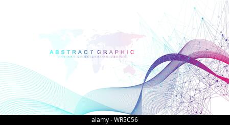 Erweiterung des Lebens. Bunte explosion Hintergrund mit angeschlossenen Leitung und Punkten, Wave fließen. Visualisierung Quantum Technologie. Abstrakte Grafik Stock Vektor