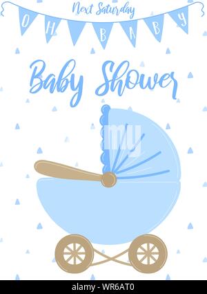 Vector Illustration eines Blauen Kinderwagen mit Kontrollkästchen auf dem Hintergrund der Dreiecke. Bild für Jungen. Konzept für Urlaub, Baby, Geburtstag, Wrapper Stock Vektor