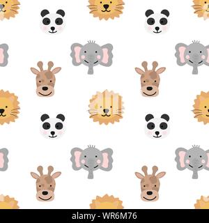 Nahtlose Muster von Hand gezeichnete niedliche Tiere von heißen Ländern für Kinder. Bild von Panda, Giraffe, Elefant, Löwe auf einem transparenten Hintergrund. Baby Showe Stock Vektor