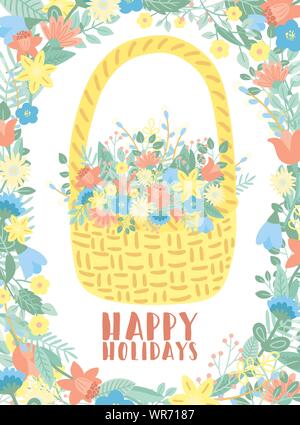 Vektor Bild der einen Korb mit Blumen und Blätter im Kranz. Handgezeichneten Ostern Illustration für Frühling happy holidays, Sommer, Grusskarten, Poster, Stock Vektor