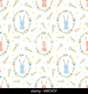 Ostern nahtlose Muster mit Kaninchen, Karotten und Blumen auf einem transparenten Hintergrund. Vektor handgezeichnete Abbildung von Bunny für Frühling Urlaub, pri Stock Vektor