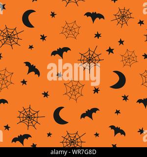 Die nahtlose Vektor Halloween Hintergrund. Muster mit Hand gezeichnet Spinnweben, Fledermäuse, Mond, Sterne. Cute Halloween Abbildung orange Schwarz für Fabric Stock Vektor
