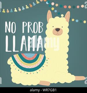 Ein Vektor Illustration einer Handgezeichneten gelb Alpaka in nationalen Südamerikanischen Kleidung mit Dekorationen und Inschrift kein prob Llama. Bild für Chil Stock Vektor