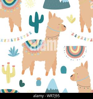 Nahtlose Muster von niedlichen beige Lamas oder Alpakas, Berge, Kakteen, Garland, Sonne. Bild für Kinder, Zimmer, Textil, Kleidung, Karten, Geschenkpapier. Uhr Stock Vektor
