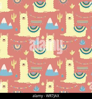 Nahtlose Muster von niedlichen Lamas, Alpakas mit gelber wolle, berge, Kakteen auf einem hellen Rosa Hintergrund. Bild für Kinder, Zimmer, Textil, Kleidung, c Stock Vektor