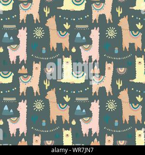 Nahtlose Muster mit mehrfarbigen Lamas oder Alpakas, Berge, Kakteen, Garland und Sonne auf einem dunklen Hintergrund. Bild für Kinder, Textil, Kleidung, c Stock Vektor