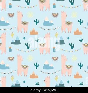 Nahtlose Muster der niedlichen rosa Lamas oder Alpakas, Berge, Kakteen, Garland, Sonne auf blauem Hintergrund. Bild für Kinder, Zimmer, Textil, Kleidung, Karte Stock Vektor