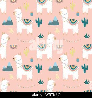 Nahtlose Muster von Hand gezeichnete weiße Lamas oder Alpakas, Kakteen, Berge, Sonne, Girlanden auf einem rosa Hintergrund. Abbildung: für Kinder, Zimmer, Textil Stock Vektor