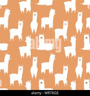 Nahtlose Muster der lustige Handgezeichnete weiße Lamas oder Alpakas auf orangem Hintergrund. Abbildung: für Kinder, Zimmer, Textil, Kleidung, Karten, wrappi Stock Vektor