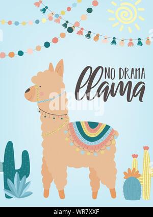 Vector Illustration einer Handgezeichneten beige Alpaka in nationalen Südamerikanischen Kleidung mit Dekorationen, Kakteen, Beschriftung kein Drama llama. Bild für Ch Stock Vektor