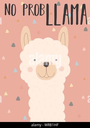 Vector Illustration einer handgezeichneten Alpaka mit einer Inschrift, kein prob Llama auf der rosa Hintergrund. Bild auf Südamerikanischen Themen für Kinder, text Stock Vektor