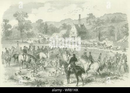 Erste Treffen der Jahreszeit der Cotswold Jagdhunde. Cotswolds 1858 ILN volle Seite Stockfoto