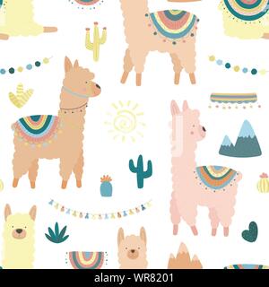 Nahtlose Muster von bunten Lamas oder Alpakas, Berge, Kakteen, Garland und Sonne auf einen transparenten Hintergrund. Bild für Kinder, Textilien, Kleiden Stock Vektor