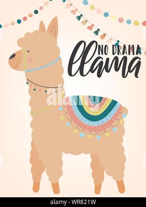 Ein Vektor Illustration einer Handgezeichneten beige Alpaka in nationalen Südamerikanischen Kleidung mit Dekorationen und Inschrift kein Drama Llama. Bild für Chil Stock Vektor