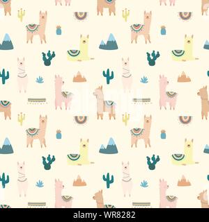 Nahtlose Muster von niedlichen bunten Lamas oder Alpakas, Berge, Kakteen auf einem hellen Hintergrund. Bild für Kinder, Zimmer, Textil, Kleidung, Karten, Wr Stock Vektor