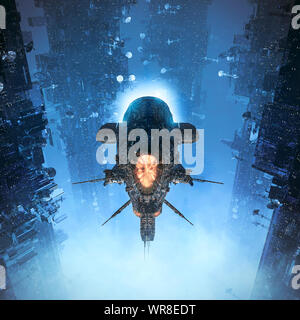 Kreuzfahrt die Vororte/3D-Darstellung der Science Fiction schwer gepanzerten Schlachtkreuzer Raumschiff durch futuristische Stadt fliegen Stockfoto