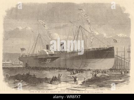 Start der Dampf des Ozeans Mail Unternehmen - Schiff Connaught in Jarrow, Tyneside 1860 Stockfoto