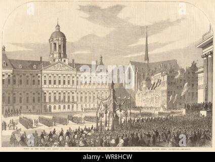 König & Königin von Holland in Amsterdam. Nationalgarde paradieren. Niederlande 1861 Stockfoto