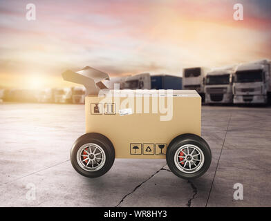 Priorität Karton mit rennlenkern wie ein Auto. Schneller Versand durch Straße. Stockfoto