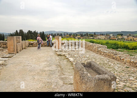 Israel, Jesreel Tal, Tel Megiddo National Park. Die Mulden im südlichen Stallungen. Megiddo wird eine Tel (Hügel) aus 26 Schichten der Ruinen des antiken Stockfoto