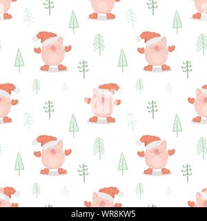 Nahtlose Muster eines Nettes Schwein in Gap ist ein neues Jahr, Handschuhe und Stiefel auf einem Hintergrund von Weihnachtsbäumen. Vector Illustration von Piggy für Urlaub, Pr Stock Vektor