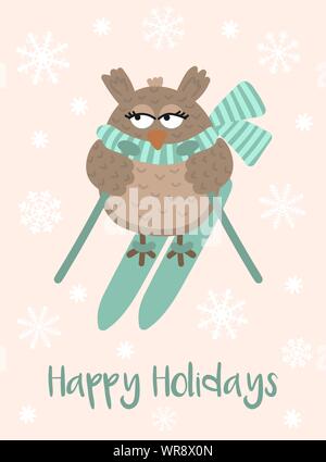 Vektor Bild einer Cartoon Eule auf Skiern in einem Schal. Winter Silvester und Weihnachten Abbildung. Handgezeichneten Grußkarte vor dem Hintergrund der snowfla Stock Vektor