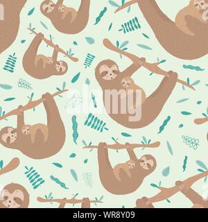 Nahtlose Muster von niedlichen Faultier Umarmungen ein Baby. Hand gezeichnete Illustration für Kinder, tropischer Sommer-, Textil-, Druck-, Abdeckung, Tapete, Stoff, Muttertag, Stock Vektor