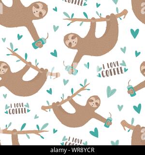 Nahtlose Muster von niedlichen Faultiere mit Kaffee und Herzen. Handgezeichnete Abbildung der Trägheit für Kinder, tropischer Sommer-, Textil-, Druck-, Cover, Wallpaper, Stock Vektor