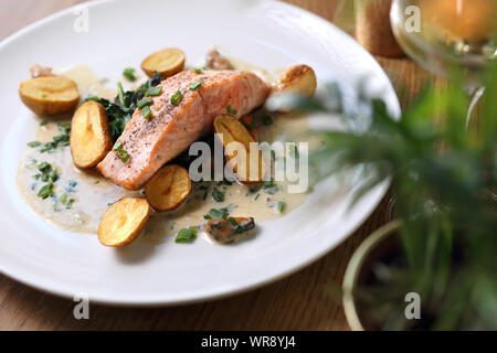 Gebackenes Lachsfilet mit gebackenen Kartoffeln auf einem Sahne mit Schnittlauch Stockfoto