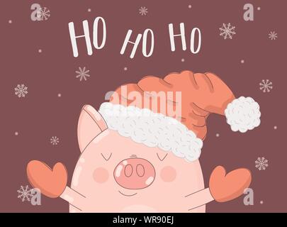 Vector Illustration von einem Schwein im Winter Kleidung und Schneeflocken auf einem Burgund Hintergrund mit der Aufschrift ho-ho-ho. Bild für das Neue Jahr, Drucke, invi Stock Vektor