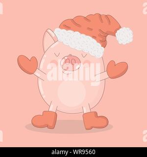 Vector Illustration eines lustigen Schwein im Winter Kleidung auf einem rosa Hintergrund. Bild für das Neue Jahr, Weihnachten, Drucke, Einladungen, Flyer, Karten, Kinder Stock Vektor