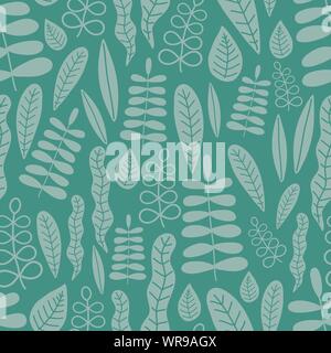 Nahtlose tropische Muster der weißen Blätter auf dem grünen Hintergrund. Handgezeichneten exotischen Blatt Abbildung für Kinder, Sommer, Frühling, Kindergarten, Baby, Kinder Stock Vektor