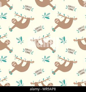 Nahtlose Muster von niedlichen Faultiere mit Kaffee. Handgezeichnete Abbildung der Trägheit für Kinder, tropischer Sommer-, Textil-, Druck-, Abdeckung, Tapete, Stoff, Clo Stock Vektor