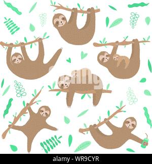 Vektor Sammlung von niedlichen Faultiere. Handgezeichneten Cartoon Illustration eines Faultiere hängen an einem Zweig für Kinder, ein tropischer Sommer, Urlaub, Gruß ca Stock Vektor