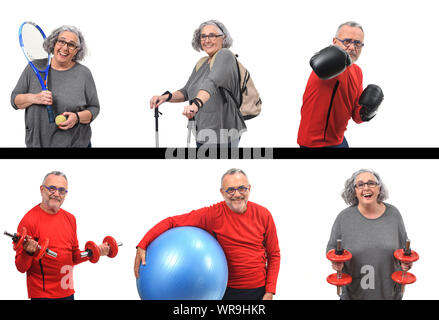 Frau und Mann üben Übungen auf weißem Hintergrund Stockfoto