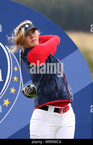 Das Team USA Jessica Korda, T-Stücken aus dem 12. Während der Vorschau Tag zwei des Solheim Cup 2019 in Gleneagles Golf Club, Auchterarder. Stockfoto