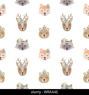 Nahtlose Muster von Cartoon niedliche Tiere in Boho Style. Handgezeichnete Abbildung mit der Bild von Reh, Fuchs, Waschbär, und tragen zur Verwendung zu drucken, hinterg Stock Vektor