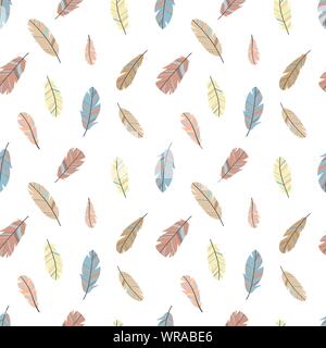 Nahtlose Muster von Cartoon Federn in Boho Style. Handgezeichneten Illustrationen für die Verwendung als Drucken, Hintergrund, Geschenkpapier, Postkarte. Stock Vektor