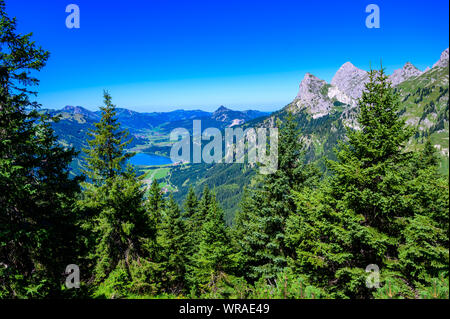 Tannheimer Tal mit Blick auf den Haldensee vom Berg Neunerköpfle - Wanderungen in herrlicher Landschaft scneery der Alpen, Tirol, Österreich, Europa Stockfoto