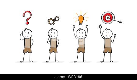 Phasen der Implementierung, Inbetriebnahme und Störungssuche. Cartoon Charakter. Flache Bauform. Stock Vektor
